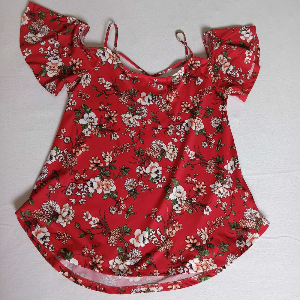 Kaileigh Red Floral Ruffle Cold Shoulder Top Cross Back Size S Summer Spring